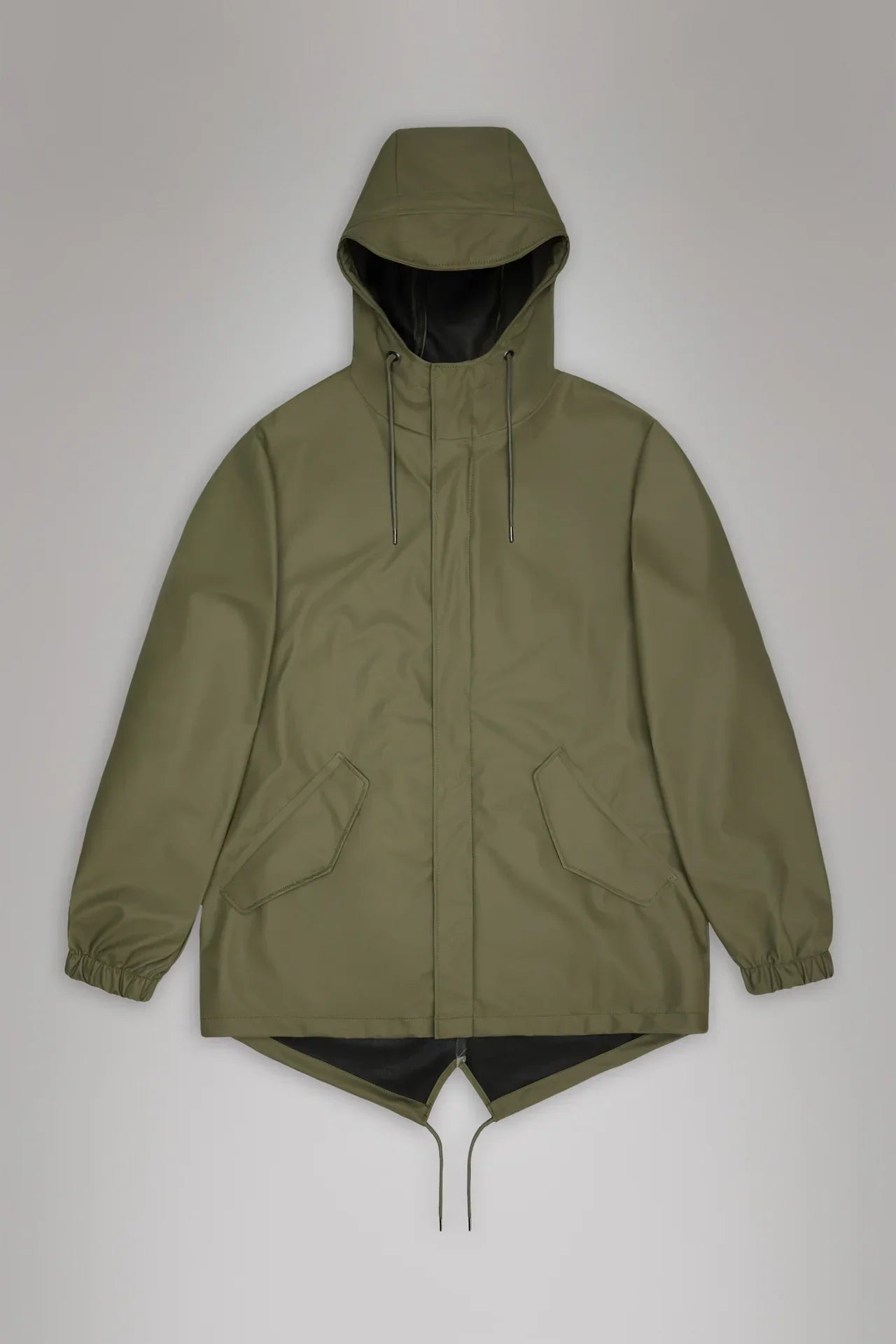 Giacca antipioggia verde militare con cappuccio e taglio fishtail, stile casual unisex