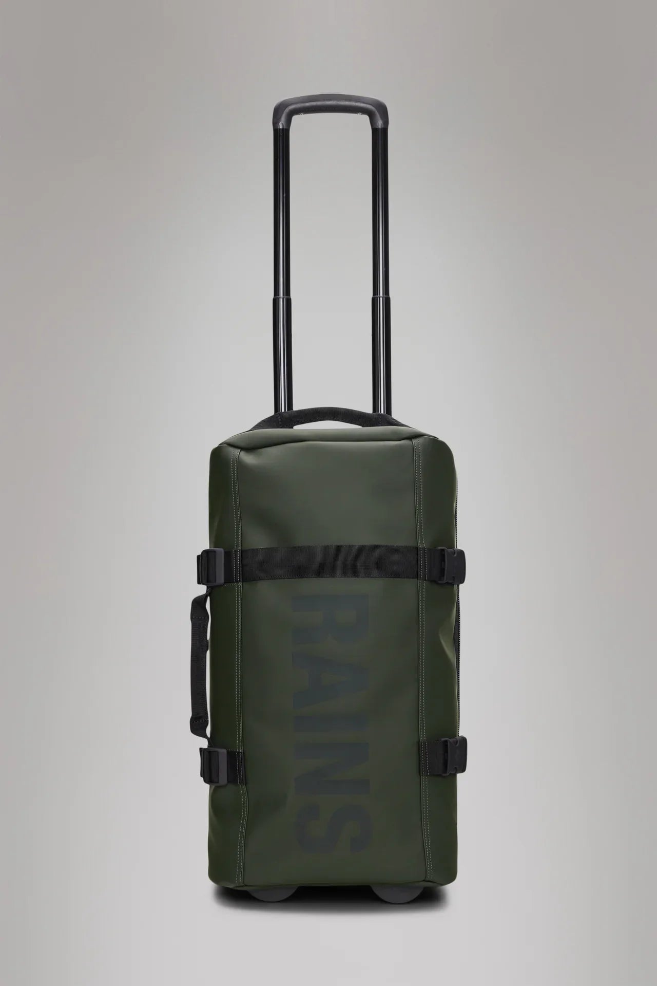 Trolley verde militare con manico estensibile, scritta RAINS, valigia da cabina uomo donna