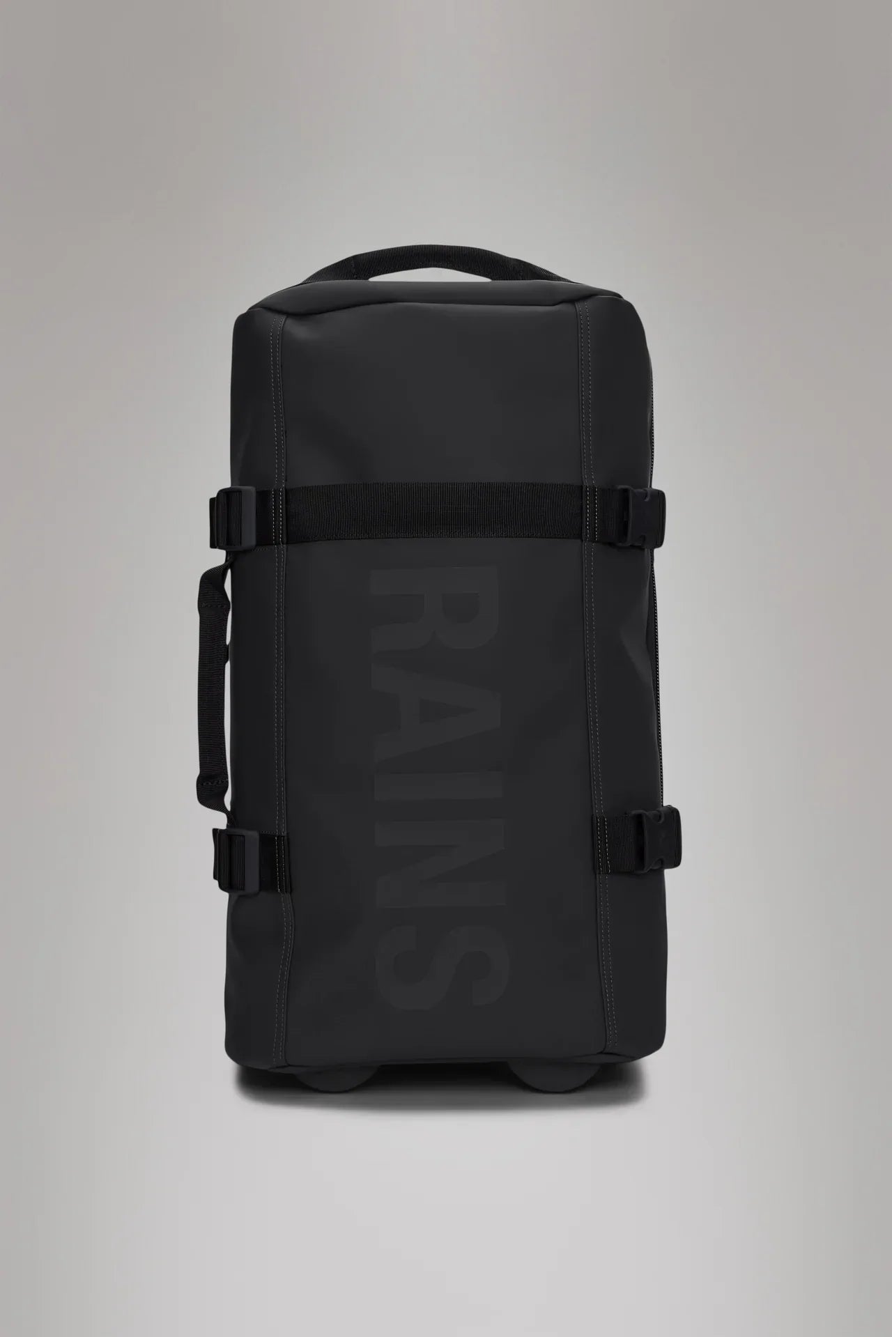 Trolley nero da cabina in materiale impermeabile con manico e dettagli minimal