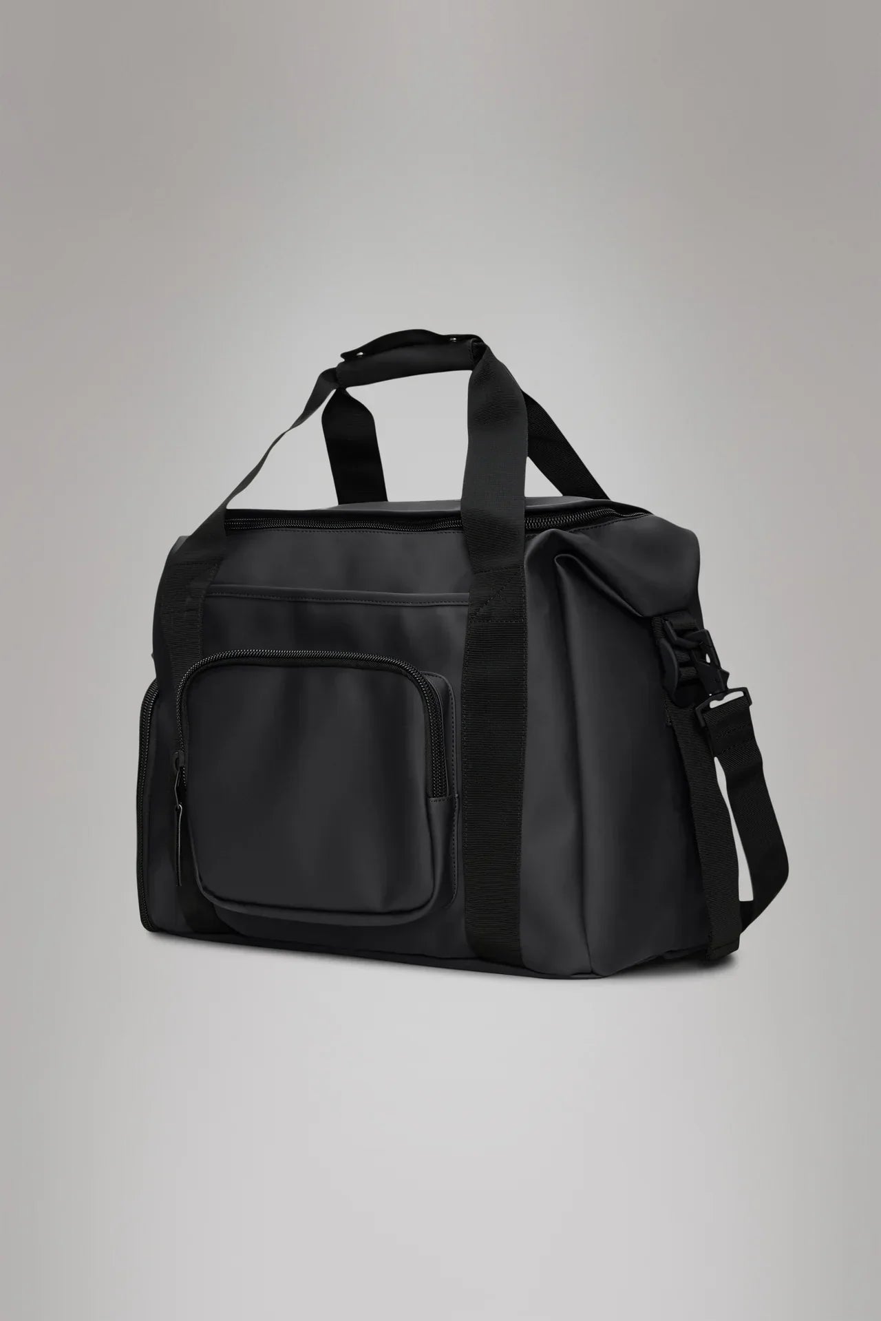 Borsa da viaggio nera grande con tracolla regolabile e tasca frontale con zip