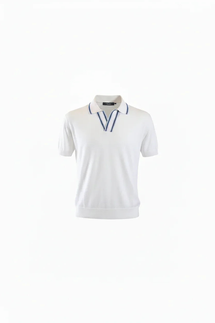 Maglia polo uomo bianca manica corta con colletto a righe blu, stile casual elegante
