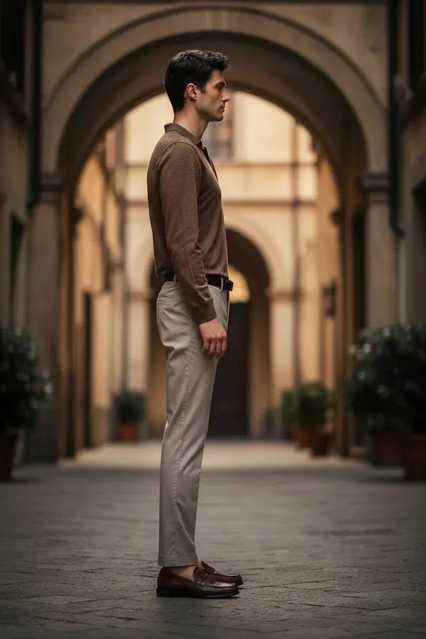 Uomo elegante indossa maglia marrone e pantaloni beige, outfit moda uomo made in Italy in città.