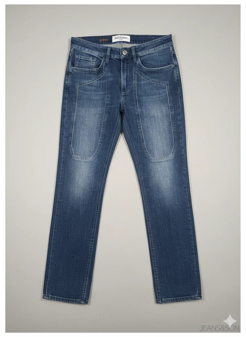 Jeans uomo denim blu effetto slavato, vestibilità regular, tasche frontali grandi