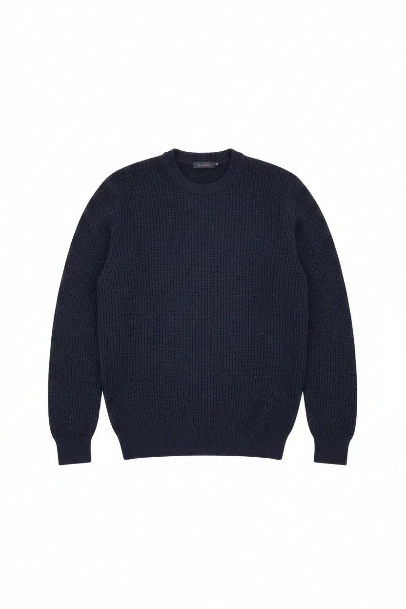 Maglione uomo blu navy a girocollo in lana, tessuto lavorato, abbigliamento elegante.