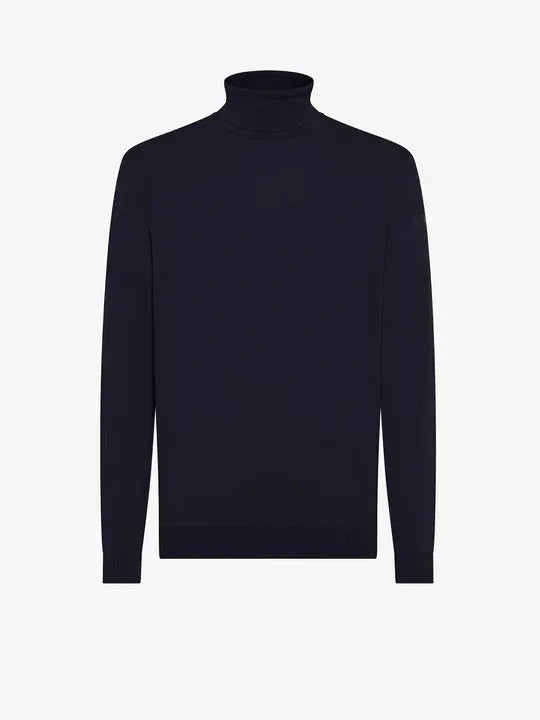 Maglione dolcevita uomo blu scuro in lana merino, maniche lunghe, design minimalista.