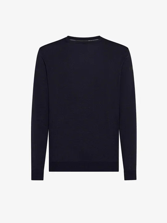 Maglia uomo blu scuro, girocollo, manica lunga, in lana merino, stile classico elegante.