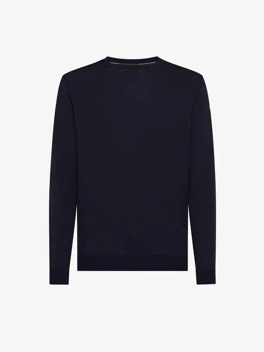 Maglia uomo blu scuro, girocollo, manica lunga, in lana merino, stile classico elegante.