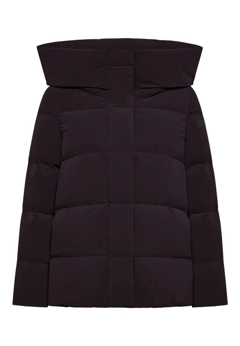 Piumino donna bordeaux con cappuccio, design moderno, imbottitura invernale