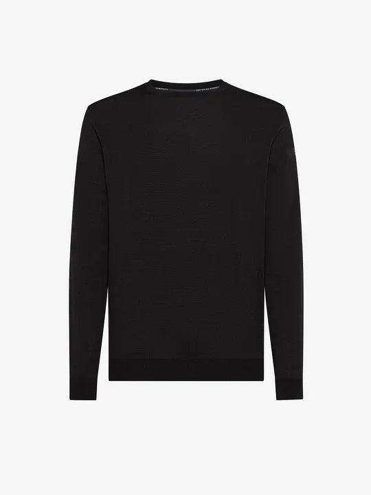 Maglione uomo nero in lana merinos, girocollo, maniche lunghe, stile elegante