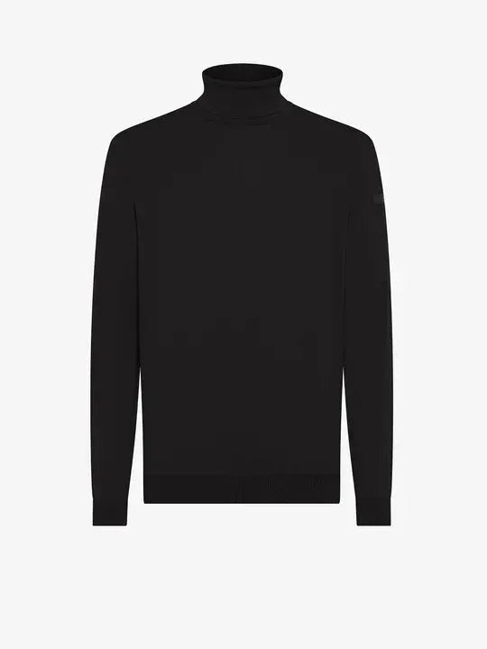 Maglione dolcevita uomo nero in lana merino, design classico, maniche lunghe.