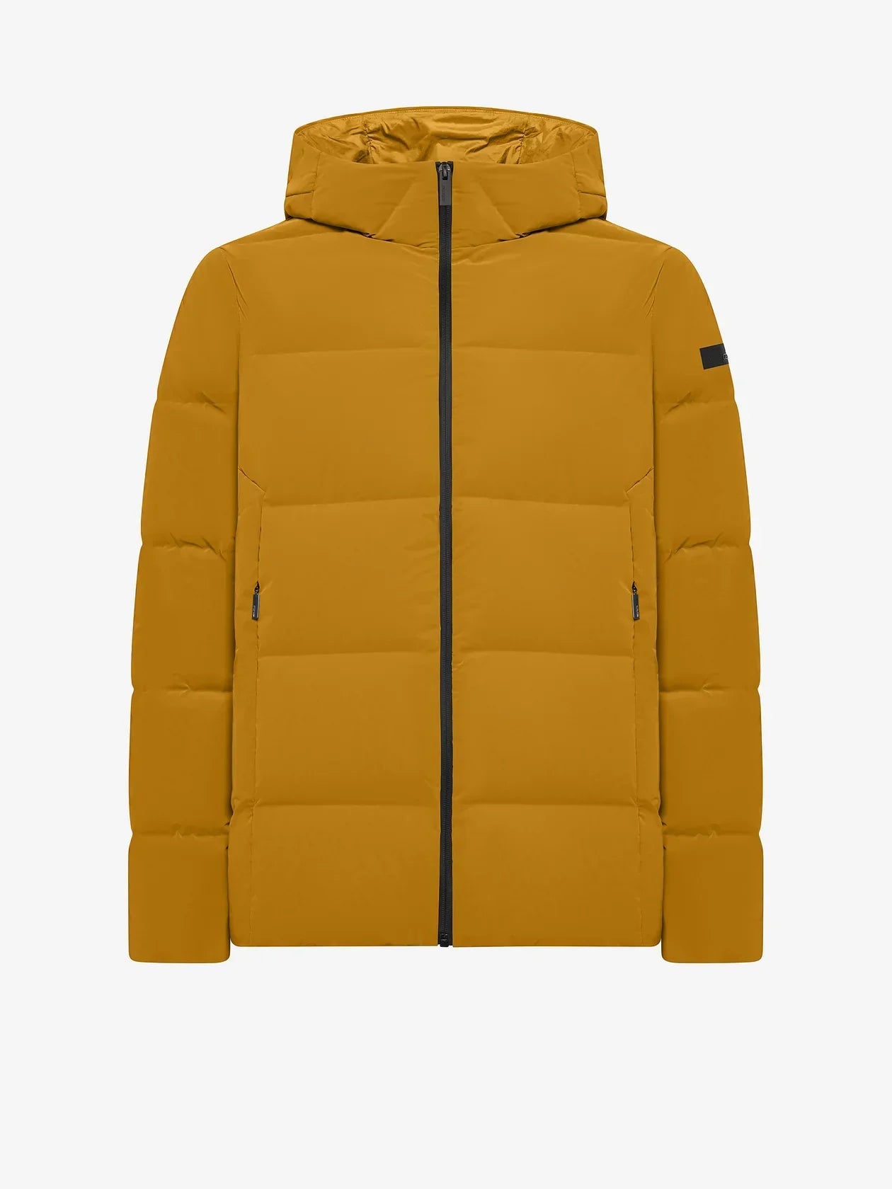 Giubbotto imbottito arancione da uomo con cappuccio e zip frontale, stile casual.