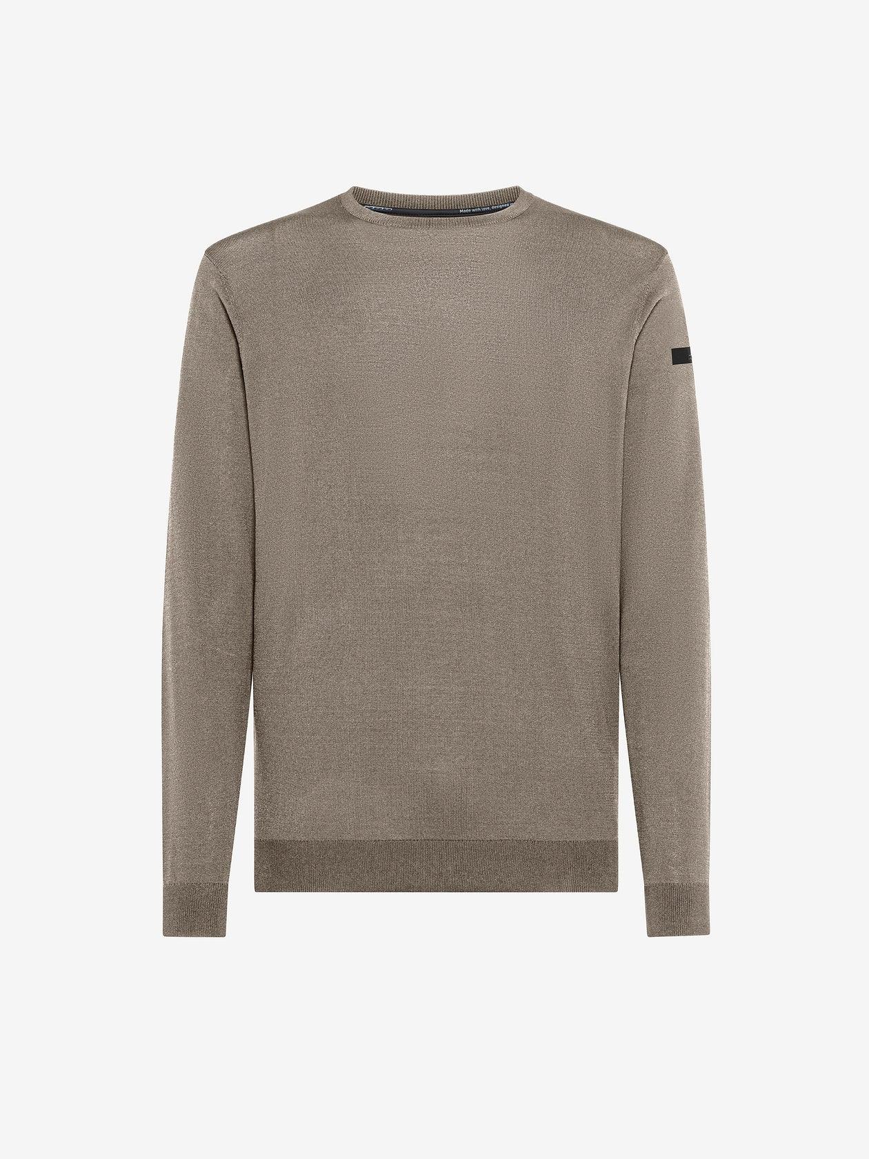 Maglione uomo beige tabacco girocollo in lana merino, maniche lunghe, stile essenziale