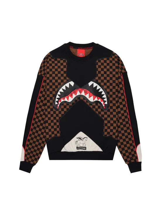 Felpa uomo nera e marrone a scacchi con stampa bocca di squalo, stile streetwear.