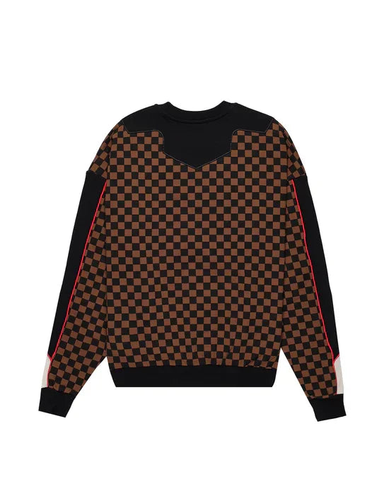 Maglione uomo motivo a scacchi marrone e nero, maniche nere con dettagli rossi, stile moderno