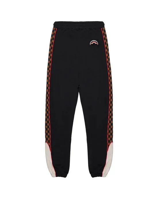 Pantaloni jogger neri con bande laterali a scacchi marroni e rossi, dettagli bianchi