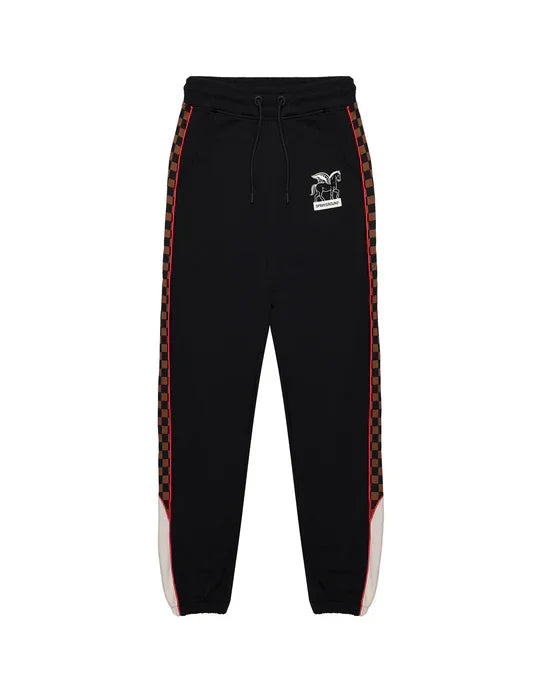 Pantaloni jogger neri da uomo con bande laterali a scacchi rossi e logo stampato