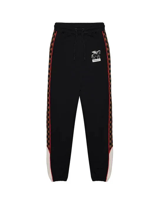 Pantaloni jogger neri da uomo con bande laterali a scacchi rossi e logo stampato