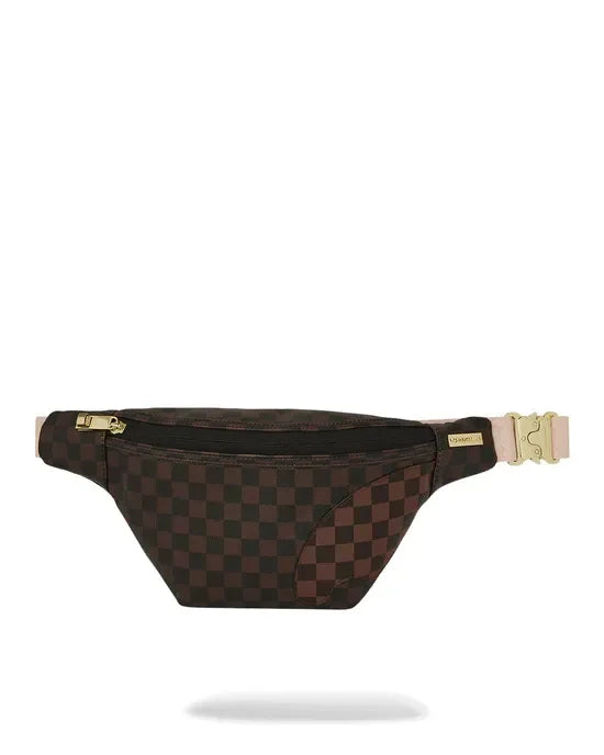 Marsupio crossbody uomo donna marrone a scacchi con zip dorata e dettagli beige