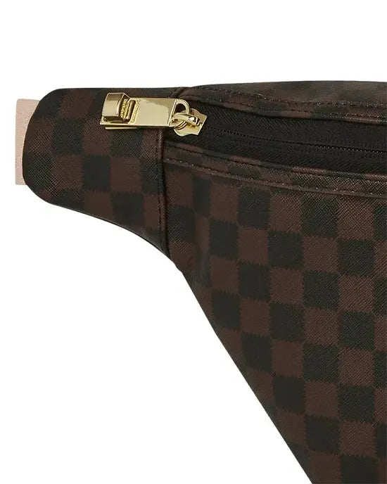 Marsupio a tracolla motivo check marrone e nero con zip dorata e tessuto elegante