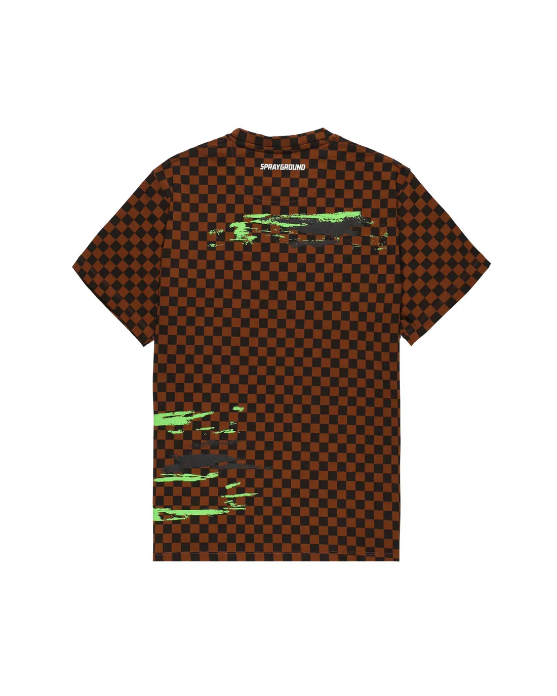 T-shirt uomo a scacchi marrone e nero con dettagli verdi effetto macchiato sul retro