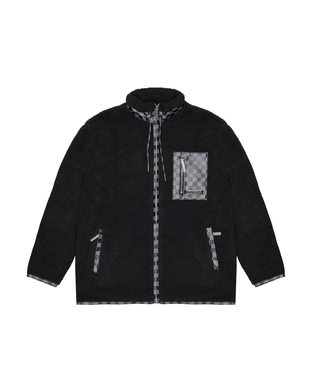 Giacca teddy nera uomo con dettagli tasche e zip fantasia checkered grigia
