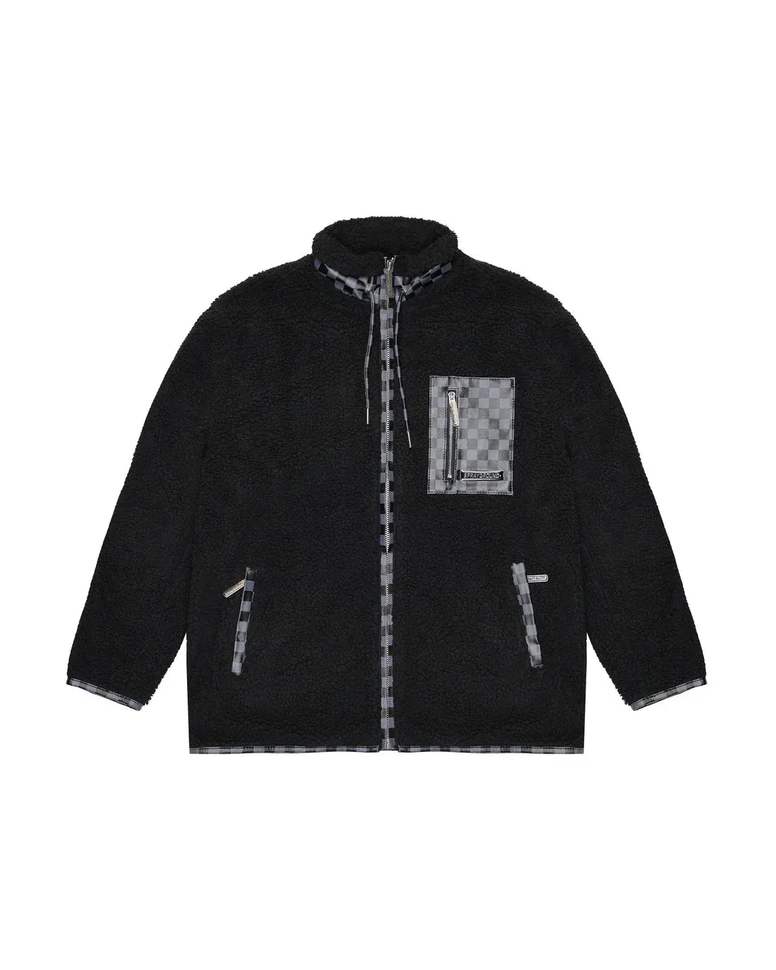 Giacca teddy nera uomo con dettagli tasche e zip fantasia checkered grigia