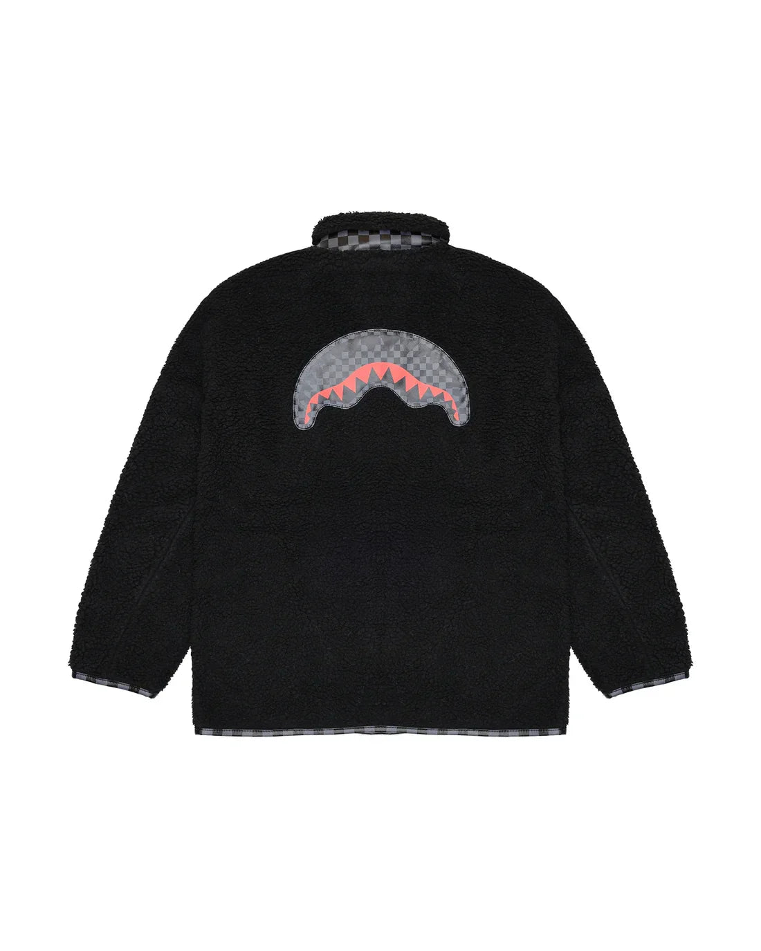 Giacca teddy nera in pelliccia sintetica con dettagli check e motivo squalo sul retro.