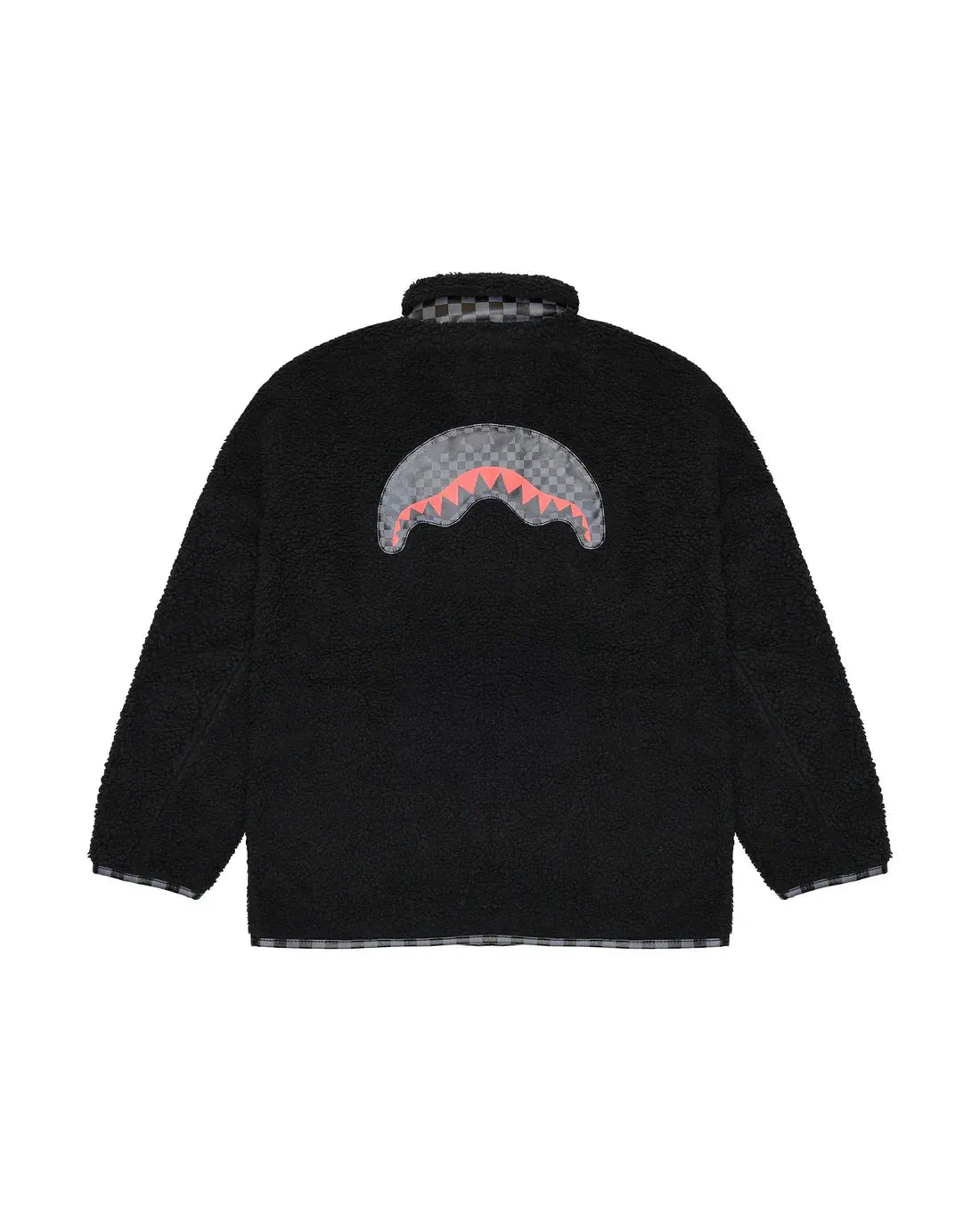 Giacca teddy nera in pelliccia sintetica con dettagli check e motivo squalo sul retro.
