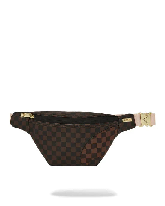 Marsupio crossbody unisex a scacchi marrone con zip e fibbia oro, stile moderno