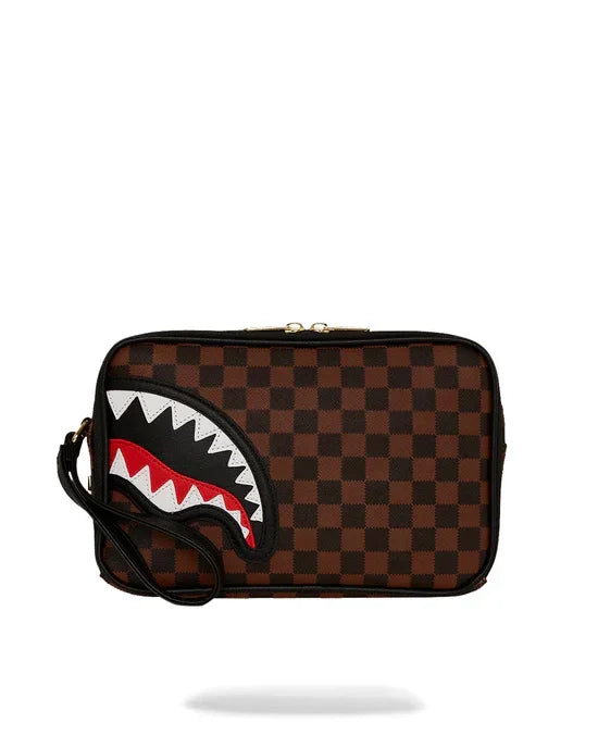 Pochette uomo marrone a scacchi con motivo squalo, accessorio moda elegante