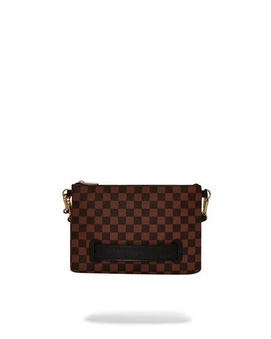Clutch donna marrone con motivo a scacchi, dettagli neri e finiture dorate