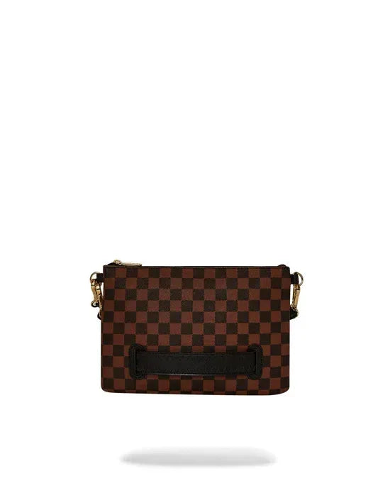 Clutch donna marrone con motivo a scacchi, dettagli neri e finiture dorate