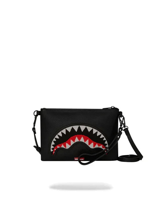 Clutch nera unisex con tracolla, decorazione a bocca stilizzata rossa e bianca