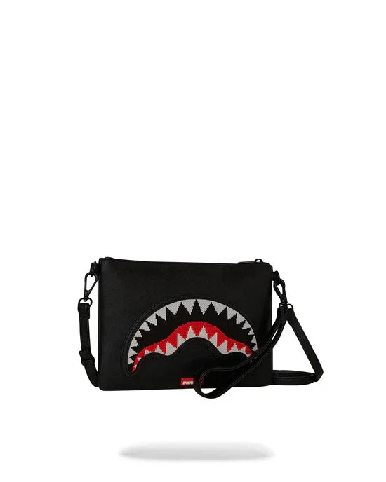 Clutch nera con tracolla, motivo bocca con denti rossi e bianchi, design moderno, accessori moda uomo donna