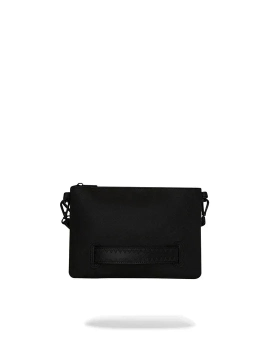 Clutch nera uomo donna in tessuto tecnico con manico frontale e dettagli minimal, accessorio moda elegante.