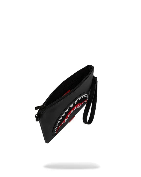 Clutch nera con zip e motivo bocca di squalo, accessorio moda unisex moderno