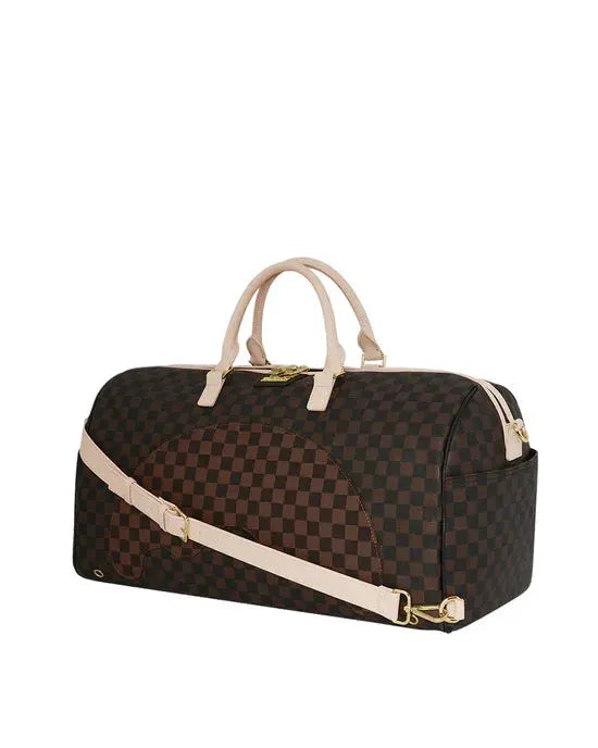 Borsone da viaggio marrone a quadri con manici e tracolla regolabile beige, stile elegante