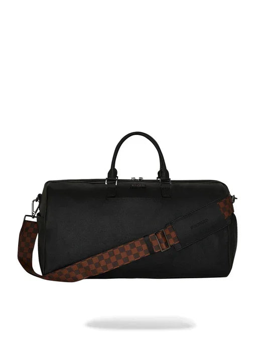 Borsa da viaggio nera con tracolla marrone a motivo check, stile moderno e unisex
