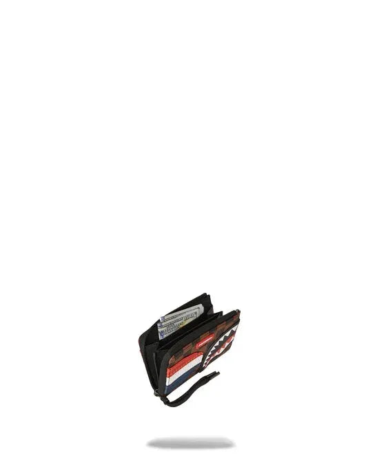 Portafoglio uomo con fantasia grafica tricolore, design moderno, comparti per carte e banconote.