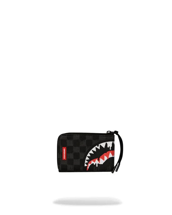 Portafoglio uomo nero fantasia a scacchi con stampa motivo squalo e zip, accessorio trendy