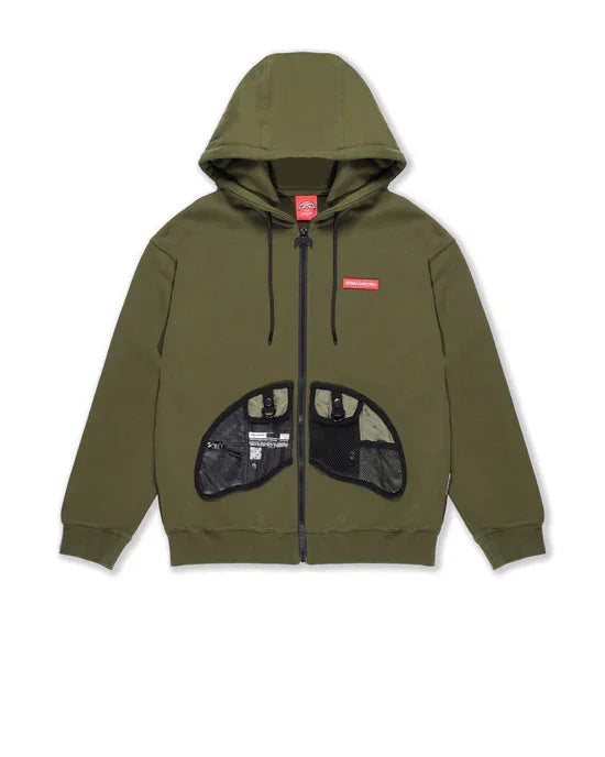 Felpa con cappuccio verde militare, tasche frontali in rete, zip intera, stile streetwear