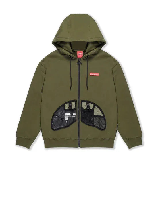 Felpa con cappuccio verde militare, tasche frontali in rete, zip intera, stile streetwear