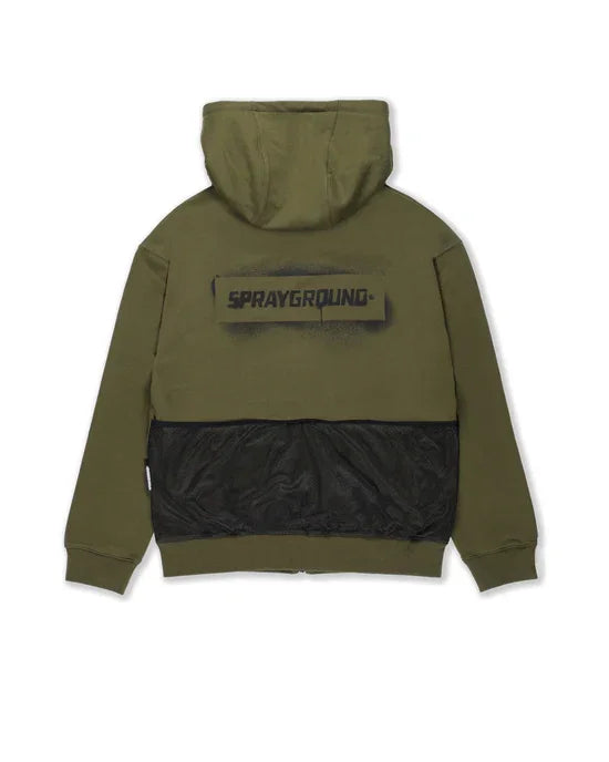Felpa con cappuccio verde militare, zip intera, scritta Sprayground sul retro, tasca nera.