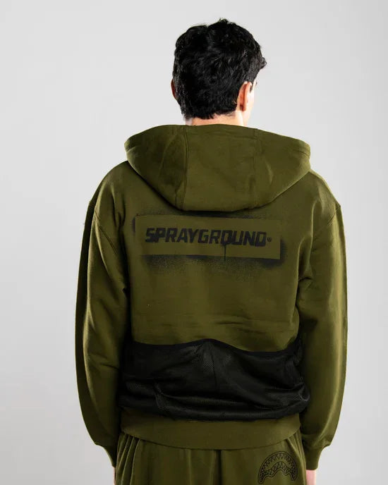 Felpa verde uomo con cappuccio, scritta Sprayground sul retro, stile streetwear moderno