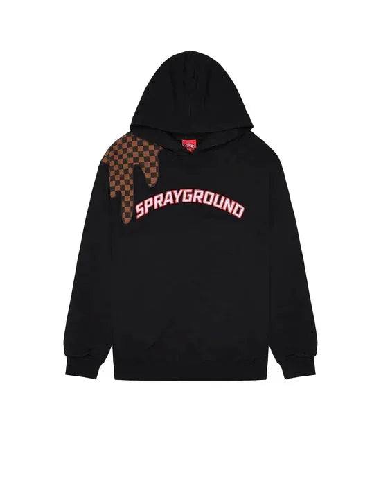 Felpa nera con cappuccio, scritta Sprayground frontale e dettaglio scacchi marroni su spalla.