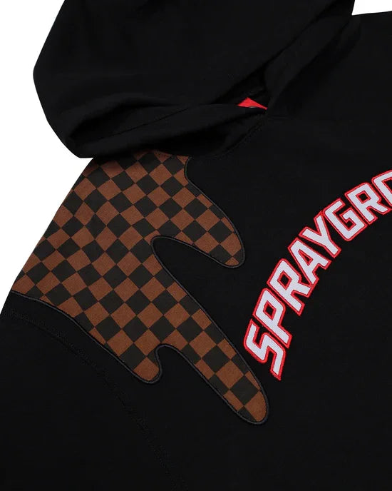 Felpa nera con cappuccio, dettaglio scacchi marrone, scritta Sprayground sul petto