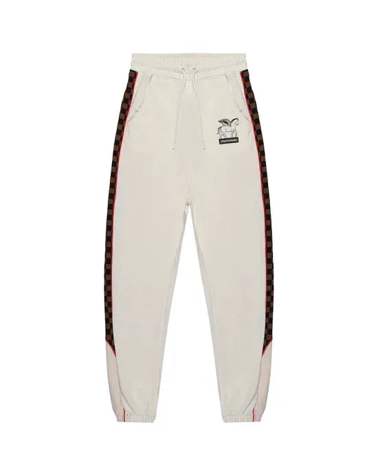 Pantaloni jogger uomo bianchi con bande laterali a scacchi e logo stampato, stile streetwear