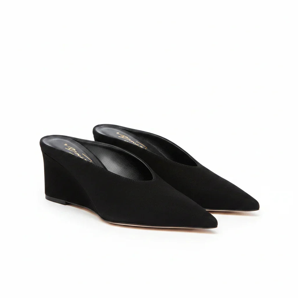 Mule nere da donna con zeppa alta, punta affusolata, calzature eleganti moda donna.