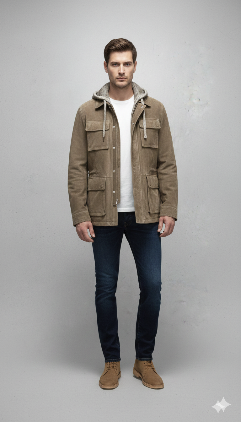 THE JACK LEATHER HARUTO + KNIT SUEDE ALGA TAUPE JACKET SARIANA SUEDE - Atelier Fratelli Carbè