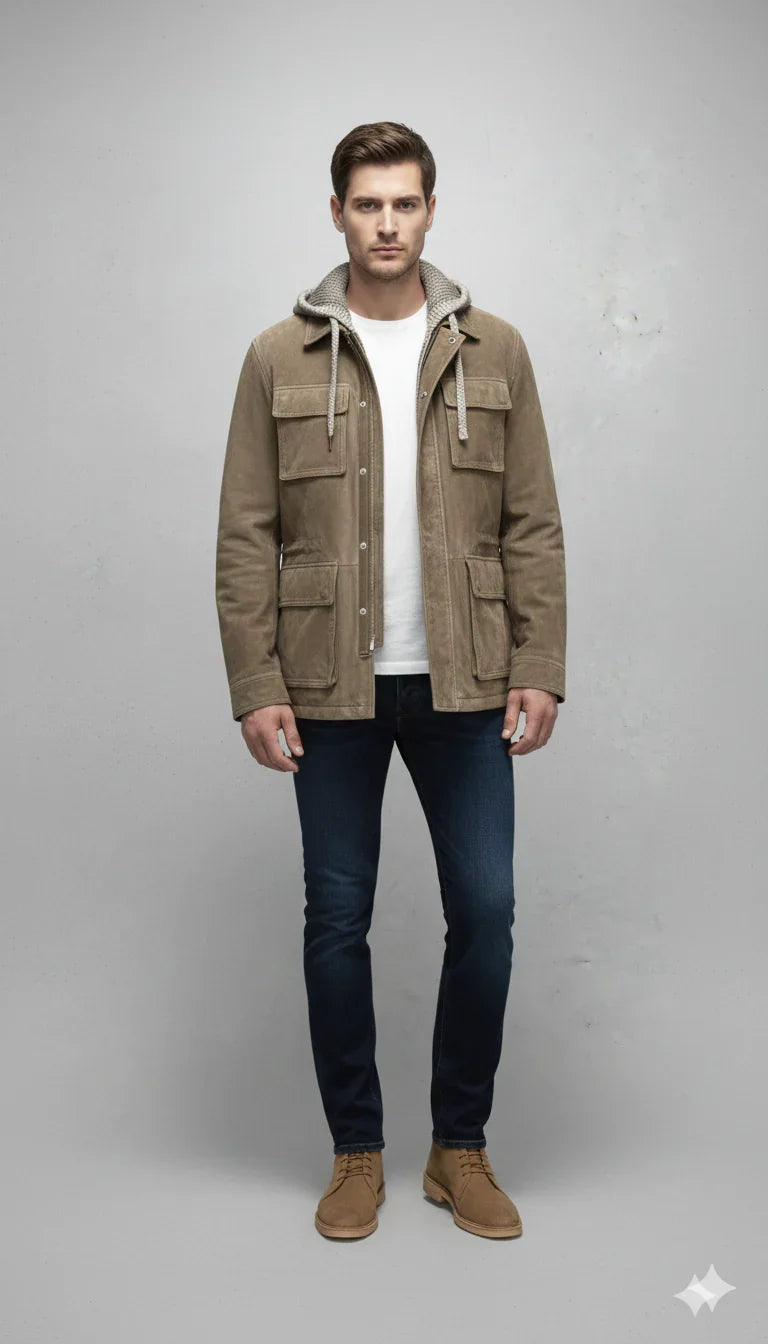 Giacca uomo suede taupe con cappuccio, quattro tasche frontali, stile casual elegante